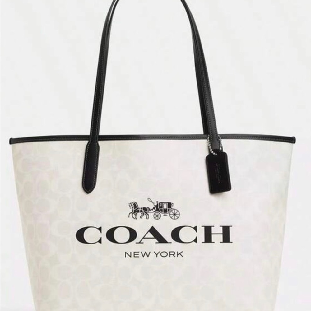 COACH White Canvas Logo Tote with Black Trim